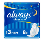 ALWAYS Classic Night Podpaski Ze Skrzydełkami 8 sztuk